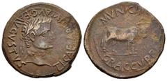 Celtiberian Coins Graccurris. Time of Tiberius. Unit. 14-36 AD. Alfaro (La Rioja). (Abh-1391). (Acip-3196). Anv.: TI. CAESAR. DIVI. AVG. F. AVGVSTVS. Laureate head of Tiberius right. Rev.: Mitred bull