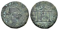 Celtiberian Coins Malaka. Cuadrante. 200-20 BC. Malaga. (Abh-1739). (MIB-10/30). (Acip-795). Anv.: Head of Vulcan right, punic legend, tongs before. Rev.: Tetrastyle temple, neo-punic legend roughly e