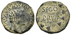 Celtiberian Coins Segobriga. Time of Tiberius. Half unit. 14-36 AD. Saelices (Cuenca). (Abh-2190). (Acip-3245). Anv.: TI. CAESAR. DIVI. AVG. F. AVGVS. F. IMP. around bare head of Tiberius right. Rev.: