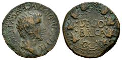 Celtiberian Coins Segobriga. Time of Tiberius. Half unit. 14-36 AD. Saelices (Cuenca). (Abh-2190). (Acip-3245). Anv.: TI. CAESAR. DIVI. AVG. F. AVGVS. F. IMP. around bare head of Tiberius right. Rev.: