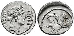 Roman Republican Licinius. A. Licinius Nerva. Denarius. 47 BC. Rome. (Ffc-805). (Craw-454/1). (Cal-891). Anv.: Laureate head of Fides right, FIDES., before, NERVA behind. Rev.: (A. LICINI) below, III.