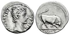 Roman Imperatorial Augustus. Denarius. 15-13 BC. Lugdunum. (Ffc-108). (Ric-167a). (Cal-826). Anv.: AVGVSTVS DIVI. F. bare head of Augustus right. Rev.: IMP. X. in exergue, bull butting right. Ag. 3,88