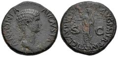 Roman Imperial Antonia. Dupondius. 41-42 AD. Rome. (Ric-92 (Claudius)). Anv.: ANTONIA AVGVSTA. Draped bust right. Rev.: TI CLAVDIVS CAESAR AVG P M TR P IMP. Claudius, togate, standing left, holding si