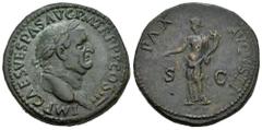Roman Imperial Vespasian. Sestertius. 69-70 AD. Rome. (Ric-243). (Bmcre-555). (C-326). Anv.: IMP CAES VESPAS AVG P M TR P P P COS III, laureate head right. Rev.: PAX AVGVSTI, Pax standing left, holdin