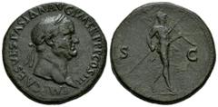 Roman Imperial Vespasian. Sestertius. 71 AD. Rome. (Ric-II 2 247). (Bmcre-568). (C-440). Anv.: IMP CAES VESPAS AVG P M TR P P P COS III, laureate head to right. Rev.: Mars advancing to right, holding 