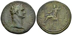 Roman Imperial Domitian. Sestertius. 88-89 AD. Rome. (Ric-II 2 633). (Bmcre-406/7). (C-313). Anv.: IMP CAES DOMIT AVG GERM COS XIIII CENS PER P P, laureate head to right. Rev.: IOVI VICTORI, Jupiter s