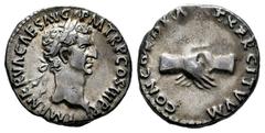 Roman Imperial Nerva. Denarius. 97 AD. Rome. (Ric-II 14). (Bmcre-25). (Rsc-20). Anv.: IMP NERVA CAES AVG P M TR P COS III P P, laureate head right. Rev.: CONCORDIA EXERCITVVM, clasped hands. Ag. 3,25 