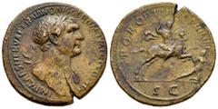 Roman Imperial Trajan. Sestertius. 107-110 AD. Rome. (Ric-534). Anv.: IMP CAES NERVAE TRAIANO AVG GER DAC PM TR P COS V P P, laureate head right. Rev.: S P Q R OPTIMO PRINCIPI, Trajan on horse riding 