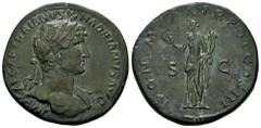 Roman Imperial Hadrian. Sestertius. 119-120 AD. Rome. (Ric-II 3 244). (Bmcre-1153). Anv.: IMP CAESAR TRAIANVS HADRIANVS AVG, laureate bust to right, slight drapery on far shoulder. Rev.: PONT MAX TR P