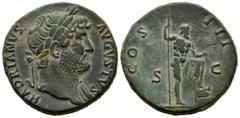 Roman Imperial Hadrian. Sestertius. 125-127 AD. Rome. (Ric-II 3 814). (Bmcre-1288). (C-305 var. Bust). Anv.: HADRIANVS AVGVSTVS, laureate bust to right, slight drapery on far shoulder. Rev.: COS III, 