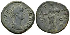 Roman Imperial Diva Faustina. Sestertius. 141 AD. (Ric-III 1125). (Bmcre-1521). (Banti-40). Anv.: DIVA FAVSTINA. Draped bust to right. Rev.: AVGVSTA, Vesta standing left, holding long torch and pallad