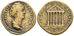 Roman Imperial Diva Faustina. Sestertius. 141-146 AD. Rome. (Ric-III 1148 var.). (Bmcre-1154 var.). (C-254). Anv.: DIVA AVGVSTA FAVSTINA, draped bust to right. Rev.: PIETAS AVGVSTI, the Temple of Anto