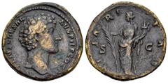 Roman Imperial Marcus Aurelius. Sestertius. 145-147 AD. Rome. (Ric-III 1242a). (Banti-109). Anv.: AVRELIVS CAESAR AVG PII F COS II. Bare head right. Rev.: HILARITAS. Hilaritas standing left, holding l
