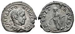 Roman Imperial Elagabalus. Denarius. 219 AD. Rome. (Ric-95). (Rsc-70a). Anv.: IMP ANTONINVS AVG. Laureate and draped bust of Elagabalus to right. Rev.: LAETITIA PVBL. Laetitia standing to left, holdin