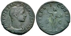 Roman Imperial Severus Alexander. Sestertius. 232 AD. Rome. (Ric-525). (C-433). Anv.: IMP ALEXANDER PIVS AVG, laureate, draped and cuirassed bust right. Rev.: P M TR P XI COS III P P, Sol walking left
