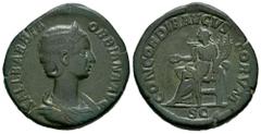 Roman Imperial Orbiana. Sestertius. 225 AD. Rome. (Ric-IV 655). (Bmcre-296). (C-4). Anv.: SALL BARBIA ORBIANA AVG, diademed and draped bust to right. Rev.: CONCORDIA AVGVSTORVM, Concordia seated to le
