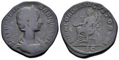 Roman Imperial Orbiana. Sestertius. 225 d.C. Rome. (Ric-IV 655). (Bmcre-296). (C-4). Anv.: SALL BARBIA ORBIANA AVG, diademed and draped bust to right. Rev.: CONCORDIA AVGVSTORVM, Concordia seated to l