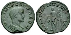Roman Imperial Maximus. Sestertius. 236-238 AD. Rome. (Ric-IV 13). (C-14). Anv.: MAXIMVS CAES GERM, bare-headed and draped bust to right. Rev.: PRINCIPI IVVENTVTIS, Maximus standing to left, holding b
