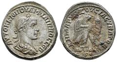 Roman Imperial Philip I. Seleucis and Pieria. Tetradrachm. 248 AD. Antioch. (Prieur-361). (McAlee-903). Anv.: AYTOK K MIOYΛI ΦIΛIΠΠOC CEB, Radiate, draped and cuirassed bust right. Rev.: ΔHMAPX ΕΞOYCI
