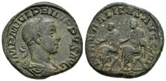 Roman Imperial Philip II. Sestertius. 246-249 AD. Rome. (Ric-IV 267a). Anv.: IMP M IVL PHILIPPVS AVG, laureate, draped and cuirassed bust to right. Rev.: LIBERALITAS AVGG III, Philip I, holding short 