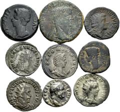 Large Lots Lot of 9 coins from ancient Hispania and the Roman Empire. Different values ​​and mints such as Clunia, Colonia Patricia and Segobriga; Emperors such as Vespasian, Herennius Etruscus, Valer