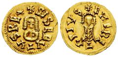 Visigothic Coins Sisebuto (612-621). Tremissis. Emérita (Mérida). (Cnv-258.8). (R. Pliego-285a). Anv.: + SISEBVTVSREX. Rev.: + EMERITAPIV. Au. 1,47 g. Nice color. XF. Est...800,00. Spanish description
