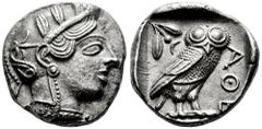 Greek Coins Attica. Athens. Tetradrachm. 454-404 BC. (Gc-2526). (Sng Cop-31). (Kroll-8). Anv.: Head of Athena right, wearing crested Attic helmet ornamented with three olive leaves above visor and spi