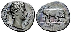 Roman Imperatorial Augustus. Denarius. 15-13 BC. Lugdunum. (Ffc-108). (Ric-167a). (Cal-826). Anv.: AVGVSTVS DIVI. F. bare head of Augustus right. Rev.: IMP. X. in exergue, bull butting right. Ag. 3,57