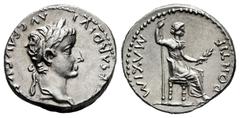 Roman Imperial Tiberius. Denarius. 14-37 AD. Lugdunum. (Ric-30 var). (Rsc-16a). (Bmcre-48). Anv.: TI CAESAR DIVI AVG F AVGVSTVS. Laureate head of Tiberius right. Rev.: PONTIF MAXIM. Livia (as Pax), ho
