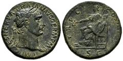 Roman Imperial Trajan. Sestertius. 101-102 AD. Rome. (Ric-II 432 var.). (Woytek-107b). (Bmcre-747 var.). Anv.: IMP CAES NERVA TRAIAN AVG GERM P M, laureate head to right, slight drapery on far shoulde
