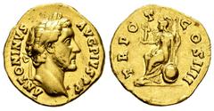 Roman Imperial Antoninus Pius. Aureus. 147 AD. Rome. (Ric-147c). (Bmcre-557). (Calicó-1655). Anv.: ANTONINVS AVG PIVS P P, laureate head right. Rev.: TR PO T COS IIII, Roma, helmeted and draped, seate
