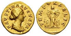 Roman Imperial Faustina Junior. Aureus. 147-175 AD. Rome. (Ric-718 (Aurelius)). (Cal-2076). (Ch-220). Anv.: FAVSTINA AVGVSTA. Draped bust to the right. Rev.: TEMPOR FELIC. Faustina standing facing, he