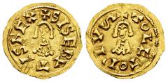 Visigothic Coins Sisebuto (612-621). Tremissis. Toledo. (R. Pliego-267a). (Cnv-229.1). Anv.: + SISEBVTVS REX. Rev.: + TOLETO PIVS (letter S horizontal). Au. 1,44 g. Almost XF/Choice VF. Est...1000,00.