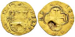 Philip II (1556-1598) Philip II (1556-1598). 2 escudos. ND (1566-1576). Toledo. M. (Cal-859). (Tauler-63). Au. 6,62 g. Shield between M/T - II gothic. Countermark crown on the reverse, struck in the 1