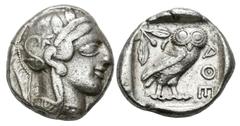 Grecia Antigua Attica. Tetradracma. 449-413 a.C. Atenas. (Se-2526). Anv.: Atenea con casco ornamentado a derecha . Rev.: Lechuza a derecha mirando de frente, encima rama de olivo y a derecha AOE. Ag. 