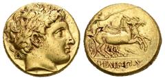 Grecia Antigua Imperio Macedonio. Filipo II. Estátera. 352-336 a.C. Pella. (Cy-1186). Anv.: Cabeza de Apolo laureado a derecha. Rev.: Biga a galope a derecha, debajo fulmen. Au. 8,48 g. EBC+. Est...25