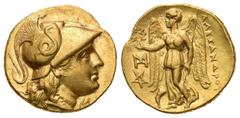 Grecia Antigua Imperio Macedonio. Alejandro III Magno. Estátera. 336-323 a.C. Tracia. (Cy-1240). (Müller-381). Anv.: Cabeza de Atenea a derecha, con casco corintio adornado de una serpiente. Rev.: Vic