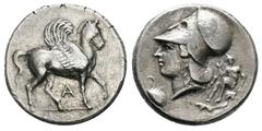 Grecia Antigua Ilyria. Epeiros. Estátera. 360-338 a.C. Ambrakia. (Pegasi-86). (Bmc-35-6). (Cy-no la cita). Anv.: Pegaso al paso a derecha, debajo A. Rev.: Atenea a izquierda con casco corinto, delante