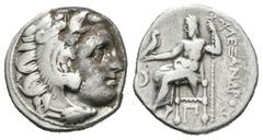 Grecia Antigua Imperio Macedonio. Alejandro III Magno. Dracma. 336-323 d.C. Macedonia. (Müller-261). Anv.: Cabeza de Hércules con piel de león a derecha. Rev.: Zeus entronizado a izquierda, detrás ley
