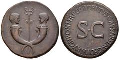 Roman Empire Tiberio. A nombre de Druso. Sestercio. 22-23 d.C. Roma. (Ric-42). Anv.: Cabezas enfrentadas de Tiberio Gemelo y Germánico Gemelo, nietos de Tiberio, sobre cuernos de la abundancia cruzado