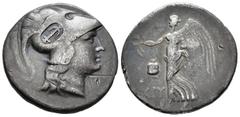 Greek Coins / Grecia Antigua Pamphilia. Side. Tetradracma-Tetradrachm. 190-36 a.C. (Cy-2926). Anv.: Cabeza de Atenea a derecha con casco corintio, resello de ancla sobre el. Rev.: Victoria en pie a iz