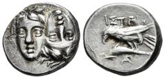 Greek Coins / Grecia Antigua Tracia. Istros. Dracma-Drachm. 400-350 a.C. (Gc-1669). (Cy-1540). Anv.: Cabezas yuxtapuestas e invertidas. Rev.: Águila atacando a delfín a izquierda, debajo A. Ag. 6,35 g