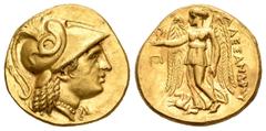 Greek Coins / Grecia Antigua Imperio Macedonio. Alejandro III Magno. Estátera-Stater. 336-323 a.C. (Gc-6701 similar). (Müller-603). Anv.: Cabeza de Atenea a derecha, con casco corintio adornado de una