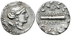 Greek Coins / Grecia Antigua Macedonia. Amphipolis. Tetradracma-Tetradrachm. 158-149 a.C. (S-1386). Anv.: Cabeza de Artemisa dentro de escudo macedonio. Rev.: Maza entre leyenda griega, alrededor coro