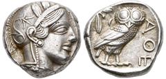 Grecia Antigua / Greek Coins Ática. Tetradracma. 449-413 a.C. Atenas. (Gc-2526). Anv.: Cabeza de Atenea con casco a derecha. Rev.: Lechuza a derecha, mirando de frente con rama de olivo y creciente, d