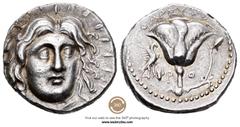 Grecia Antigua / Greek Coins Caria. Rodas. Tetradracma. 229-205 a.C. (Sng Cop-756). (Ashton-215). (Sng Keckma-550). Anv.: Anepígrafa, Cabeza radiada de Helios tres cuartos a la derecha. Rev.: Rosa ent