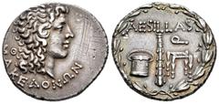 Grecia Antigua / Greek Coins Macedonia. Cuestor Aesillas. Tetradracma. 92-88 a.C. Tesalónica. (Sng Cop-1330). (Pozzi-1003). Anv.: Cabeza deificada de Alejandro Magno con cuerno de Amón, detrás letra g