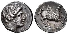 Hispania Antigua / Celtiberian Coins Emporiton. Dracma. 200-110 a.C. Ampurias (Girona). (Abh-1108). (Acip-212). Anv.: Cabeza de Perséfone a derecha entre tres delfines. Rev.: Pegaso a derecha con la c