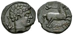 Hispania Antigua / Celtiberian Coins Seteisken. Semis. 120-20 a.C. Sástago (Zaragoza). (Acip-1456). (Abh-2211). Anv.: Cabeza masculina a derecha, detrás arado. Rev.: Caballo a derecha, encima caduceo 