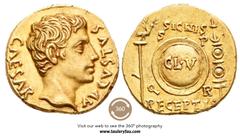 Imperio Romano / Roman Imperial Augusto. Áureo. 25-22 a.C. (Ric-85). (Cal-273). Anv.: CAESAR AVGVSTVS. Cabeza desnuda de Augusto a derecha. Rev.: SIGNIS / RECEPTIS. Escudo con la inscripción CL V, rod